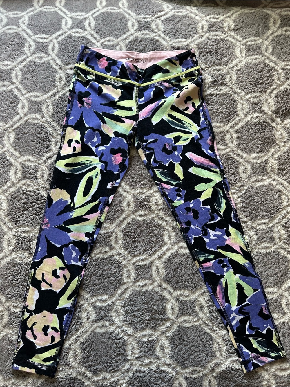 Ideology Black Floral Leggings with Purple, Pink and Lime Accents Girl’s Size S